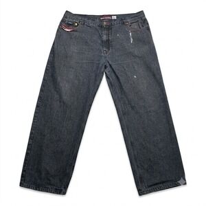 Remixed Mens Jeans 44x32‎ Y2K Baggy Skater Grunge Wide Leg Dark Denim Red Stitch